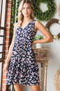Navy multi-colored leopard print Heimish full-size v-neck ruffled tank dress displayed on a mannequin.