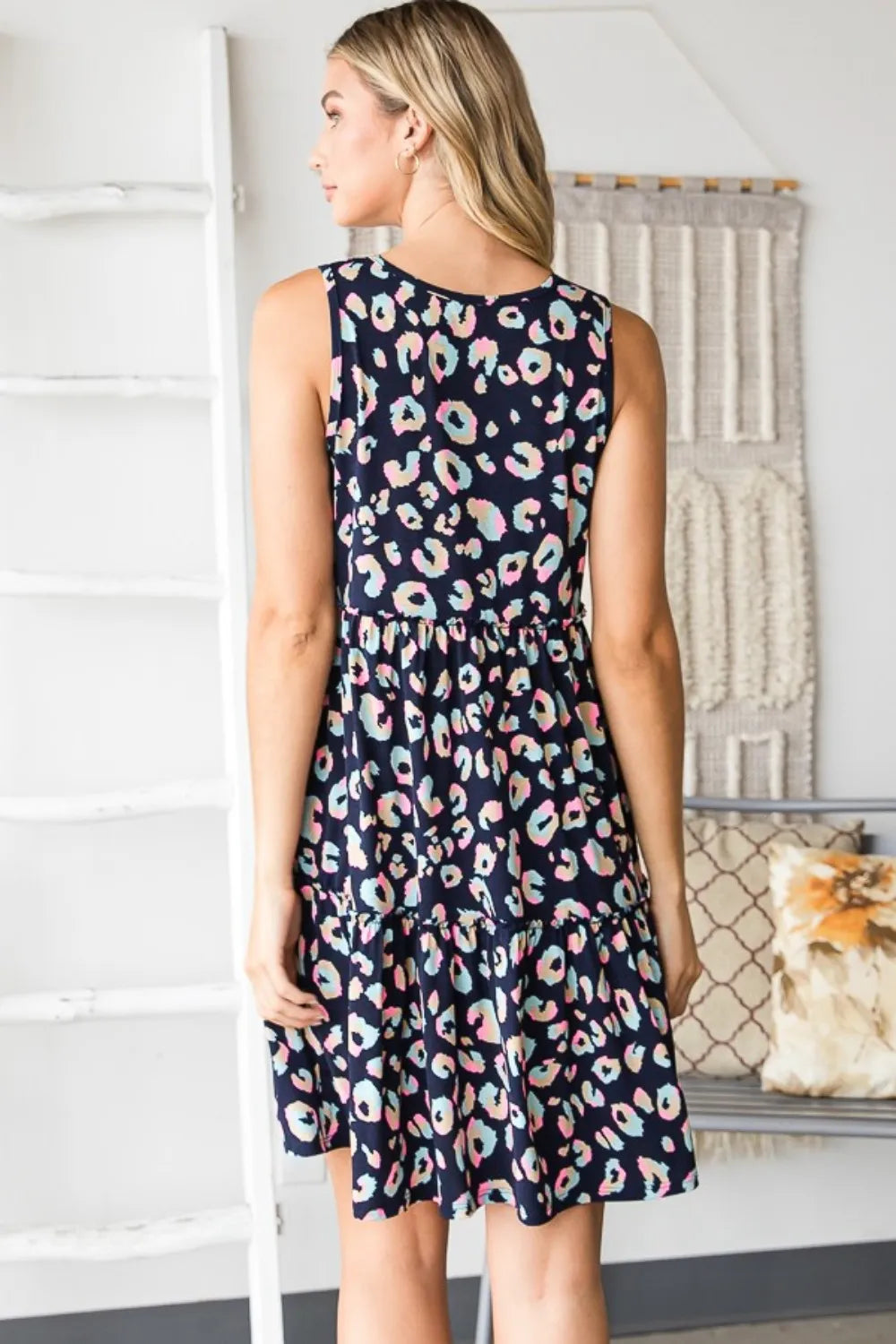 Navy multi-color leopard print Heimish full-size V-neck ruffled tank dress with sleeveless design and relaxed fit.