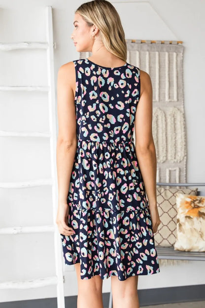 Navy multi-color leopard print Heimish full-size V-neck ruffled tank dress with sleeveless design and relaxed fit.