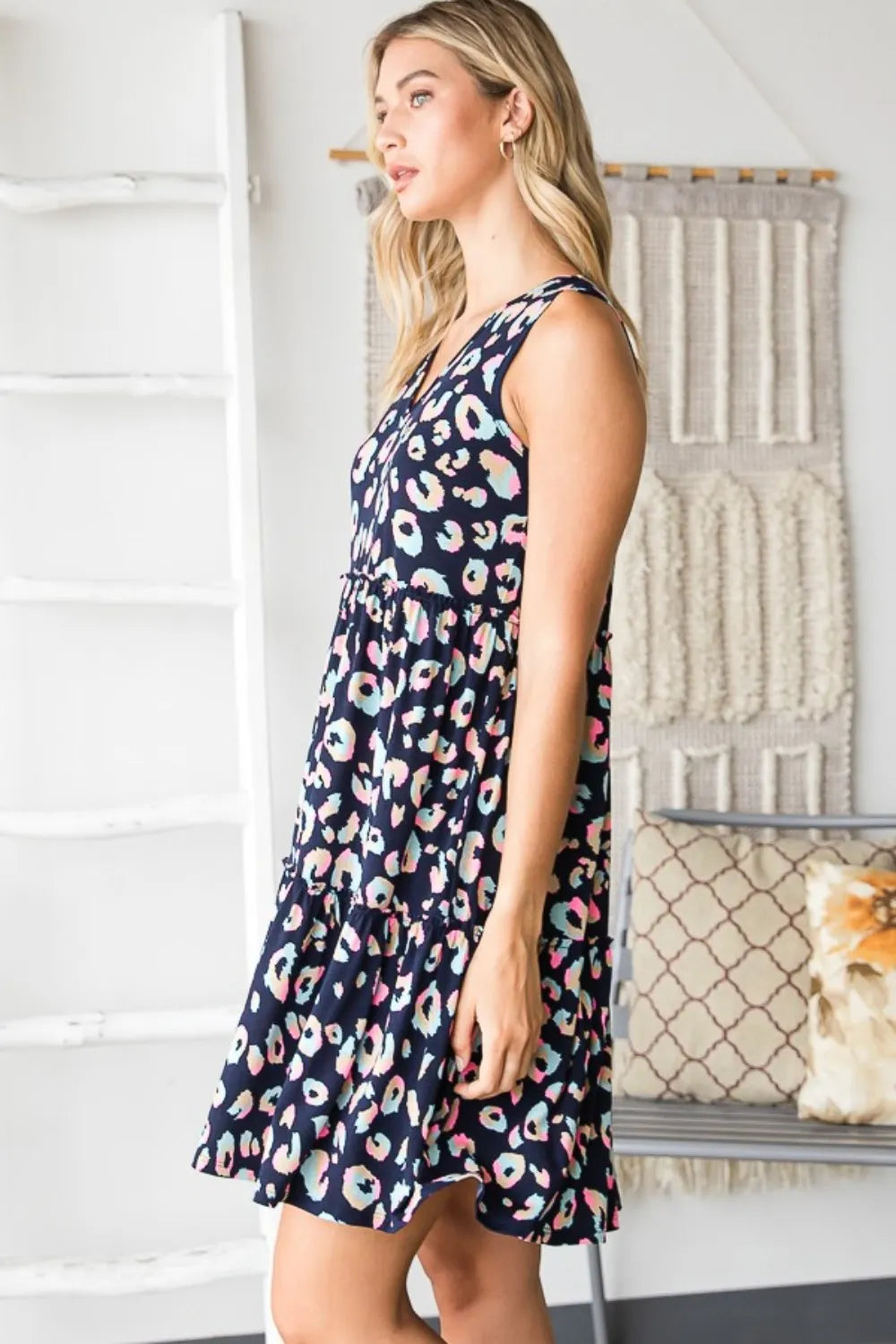 Navy multi-color Heimish full-size leopard v-neck ruffled tank dress with sleeveless design and relaxed fit.