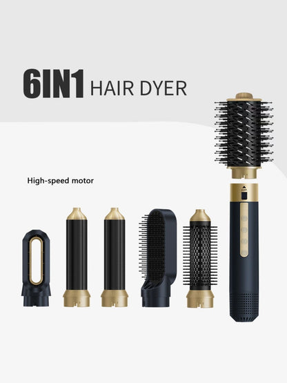 Navy 6-in-1 multifunctional hot air brush by Trendsi with North American plug, showing various styling attachments for hair.