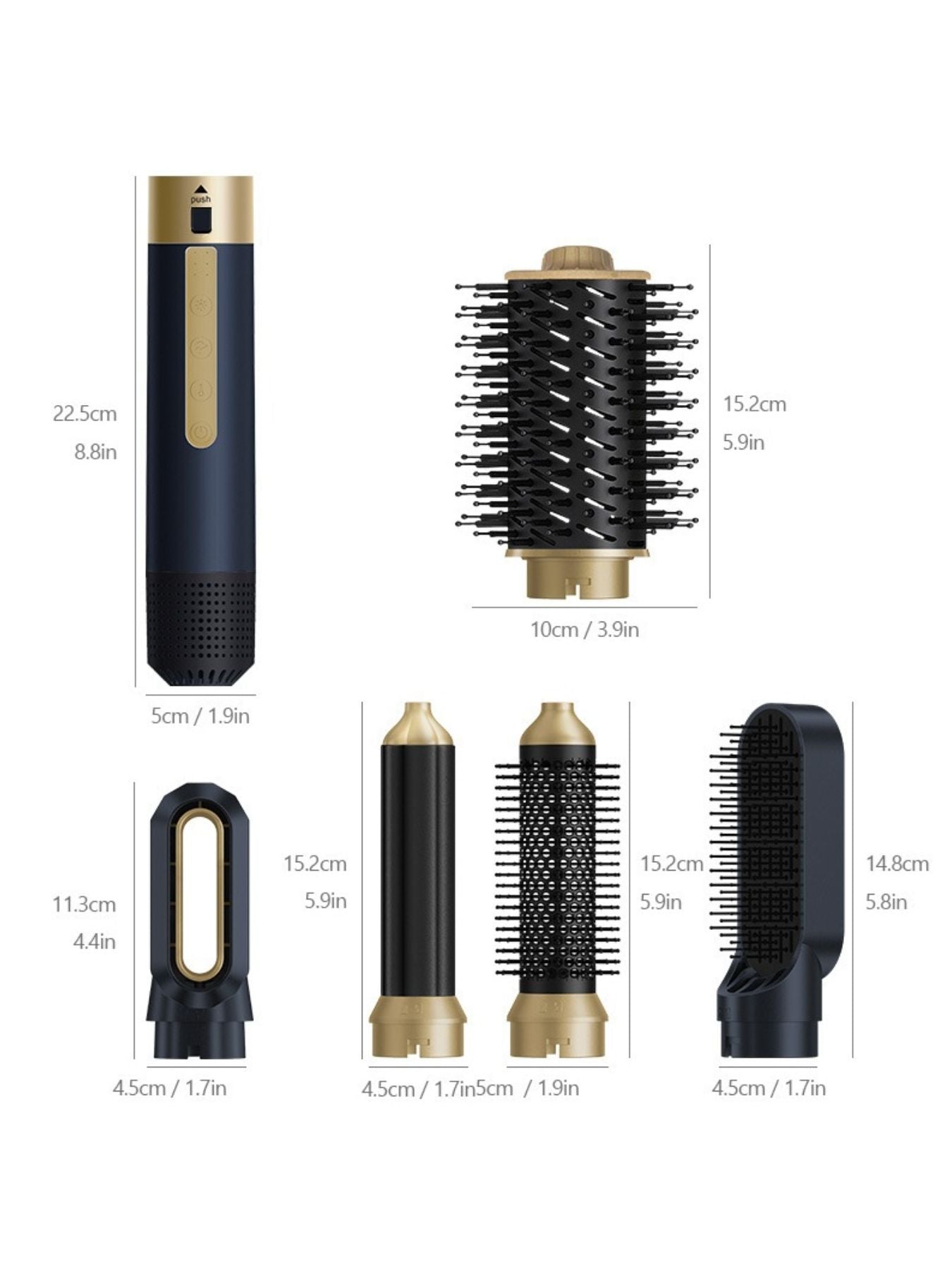 Navy 6-in-1 multifunctional hot air brush by Trendsi, with various attachments for styling and blow-drying hair.