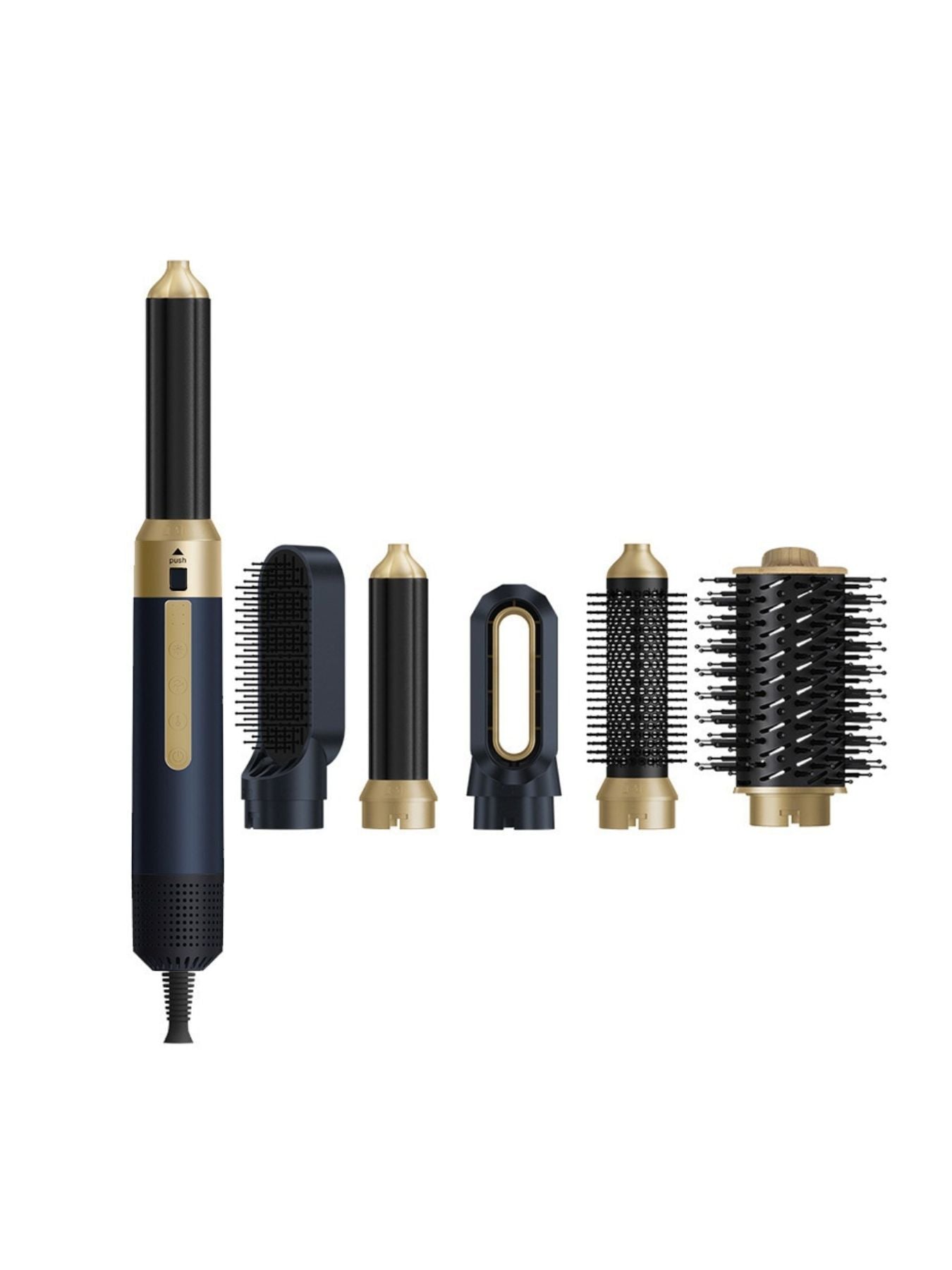 Navy Trendsi 6-in-1 multifunctional hot air brush for styling hair with various attachments in a North American plug design