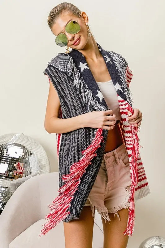 Navy and red BiBi American flag sweater vest with fringe edges, featuring patriotic star and stripe design, by Trendsi.