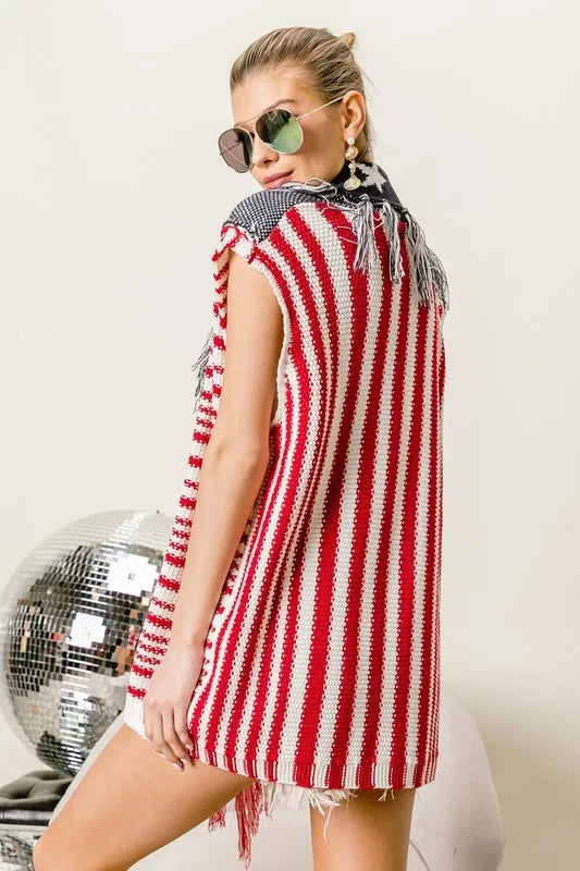 Navy and red BiBi American flag fringe-edged sweater vest by Trendsi, featuring patriotic star and stripe design.