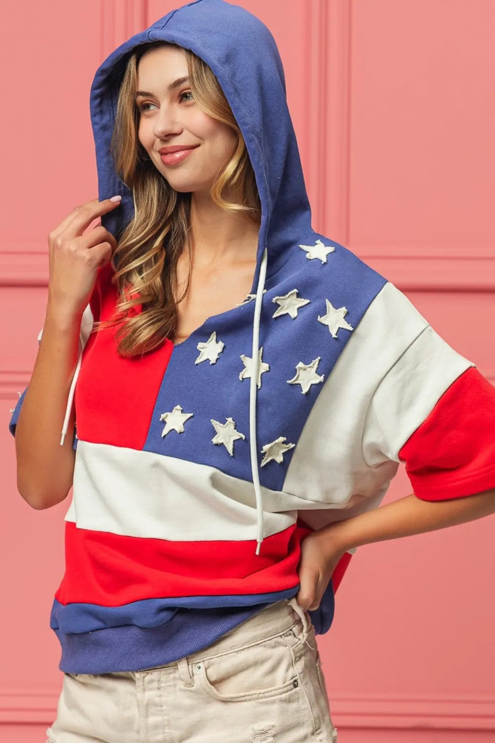 Navy and red American flag theme hoodie by Trendsi, featuring a casual fit with patriotic star and stripe design.