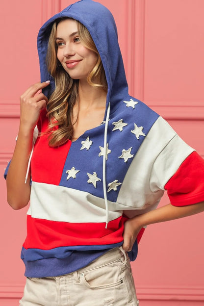 Navy and red American flag theme hoodie by Trendsi, featuring a casual fit with patriotic star and stripe design.