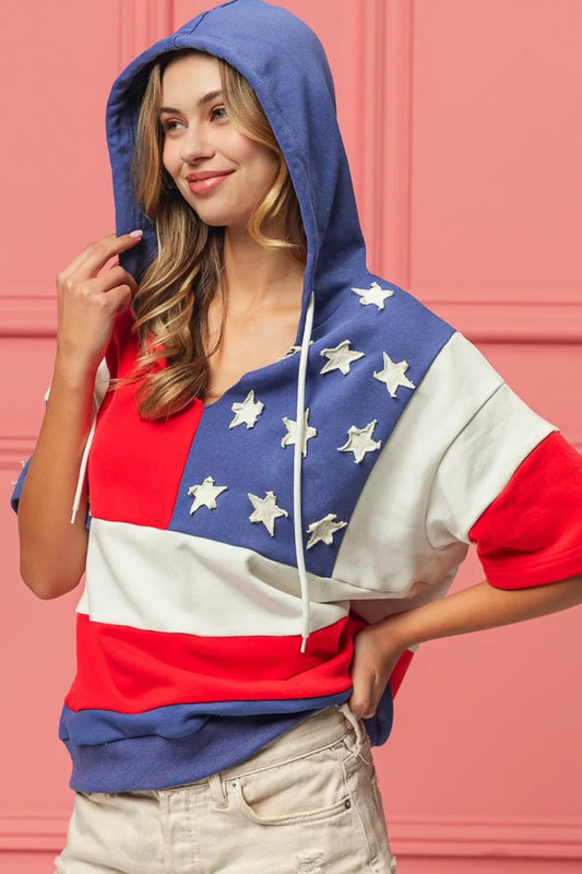Navy and red American flag theme hoodie by Trendsi, featuring a casual fit with patriotic star and stripe design.