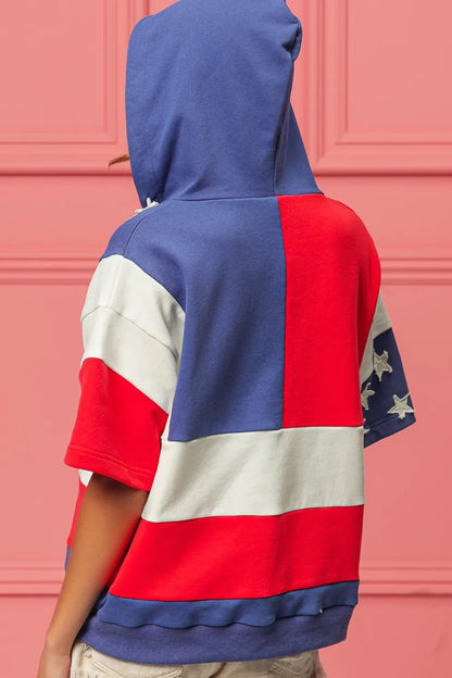 Navy and red American flag themed hoodie by Trendsi, featuring a casual fit and patriotic design.