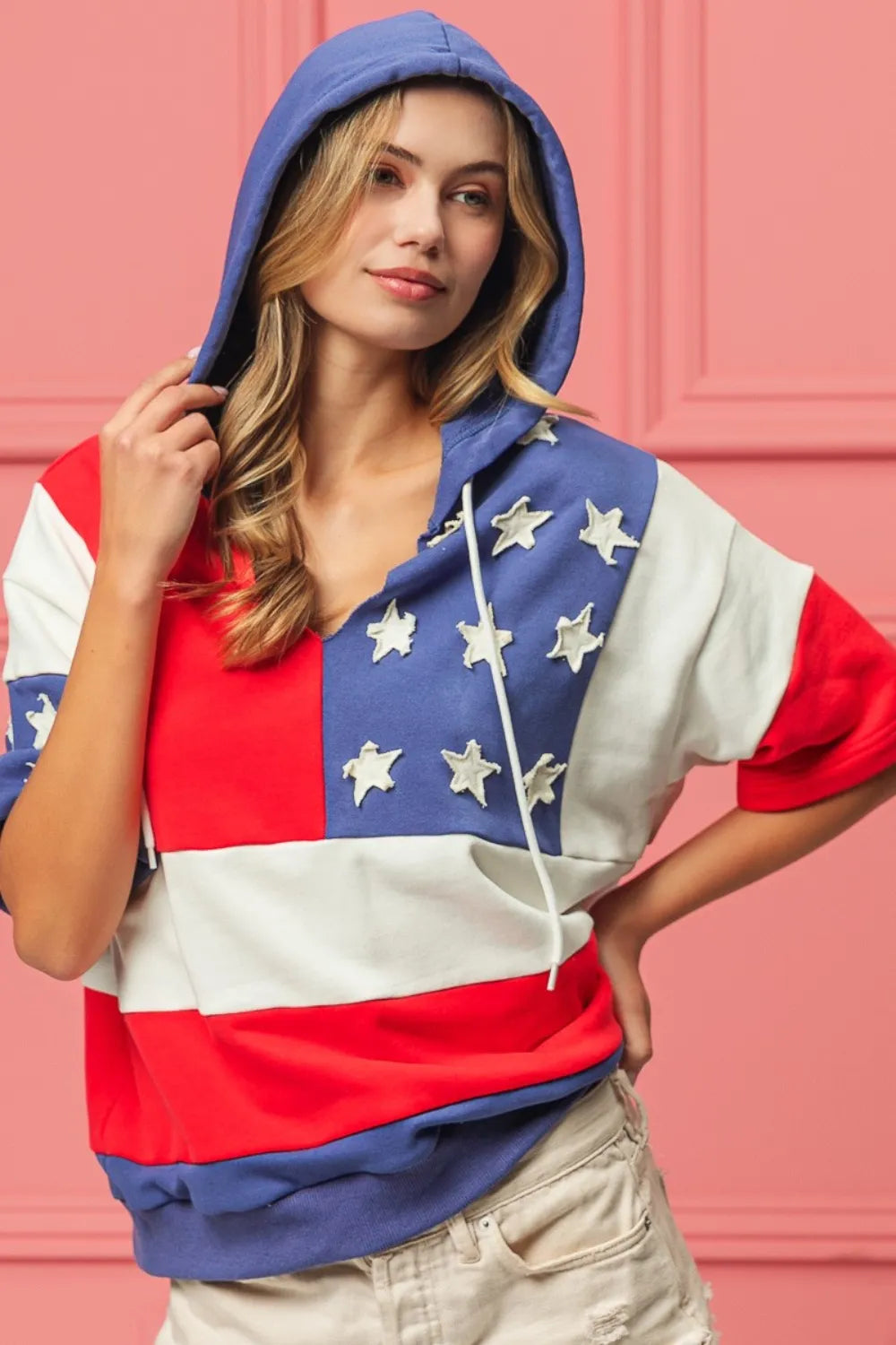 Navy and red American flag themed hoodie by Trendsi with patriotic star and stripe design, casual unisex style.