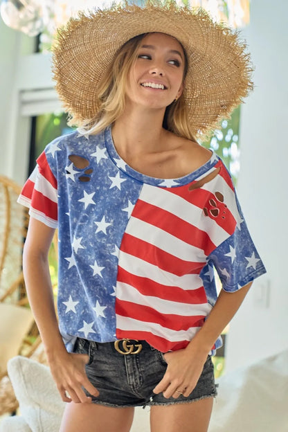 Navy and red American flag themed short sleeve T-shirt by BiBi, featuring patriotic design and casual fit.