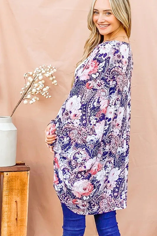 Navy floral print dolman sleeve kimono cardigan by Trendsi, lightweight with relaxed fit and open front design.