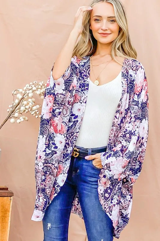 Navy floral print dolman sleeve kimono cardigan by Trendsi, flowing lightweight cover-up with wide sleeves and open front.