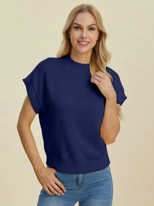 Navy Trendsi Double Take full-size mock neck short sleeve sweater displayed on a hanger.