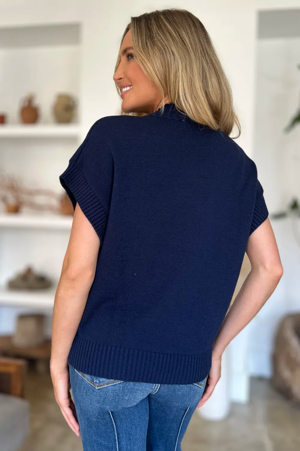 Navy Trendsi Double Take full-size mock neck short sleeve sweater, soft knit fabric, fitted silhouette, casual style.