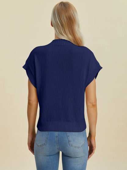Navy Trendsi Double Take full-size mock neck short sleeve sweater on a mannequin, showcasing soft knit fabric and fitted style.
