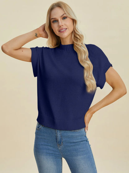 Navy double take full size mock neck short sleeve sweater by Trendsi, soft knit fabric with fitted silhouette and ribbed collar.