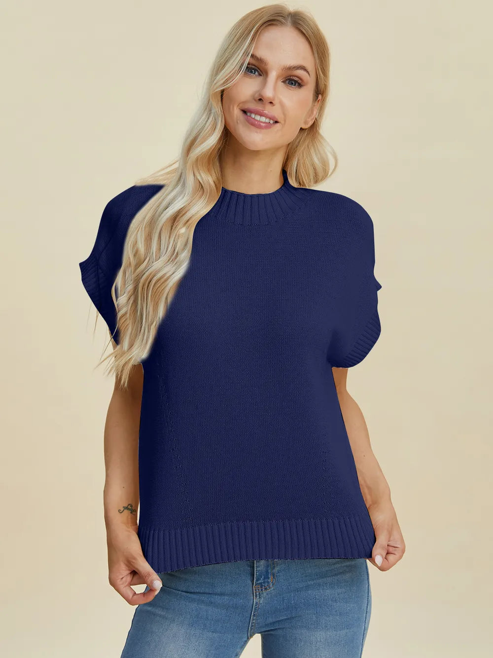 Navy Trendsi Double Take full-size mock neck short sleeve sweater displayed on a mannequin.