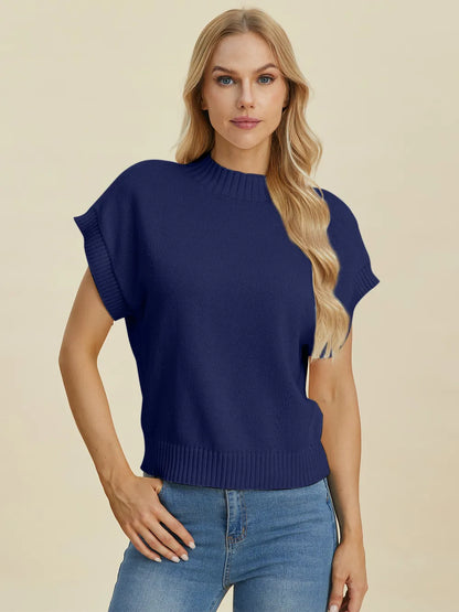 Navy double take full-size mock neck short sleeve sweater by Trendsi, soft knit fabric, fitted style, versatile for casual wear