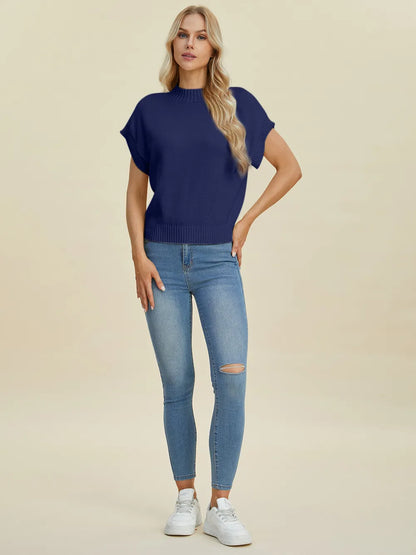 Navy Trendsi Double Take full-size mock neck short sleeve sweater displayed on a model, showcasing its cozy knit fabric and fit.
