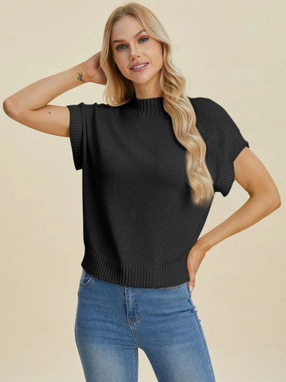 Navy Trendsi Double Take full-size mock neck short sleeve sweater, lightweight knit with fitted design and ribbed details.
