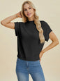Navy Trendsi Double Take full-size mock neck short sleeve sweater, lightweight knit with fitted design and ribbed details.
