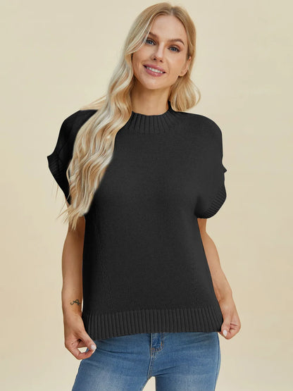 Navy Trendsi Double Take full-size mock neck short sleeve sweater shown on a mannequin, highlighting its cozy knit fabric.