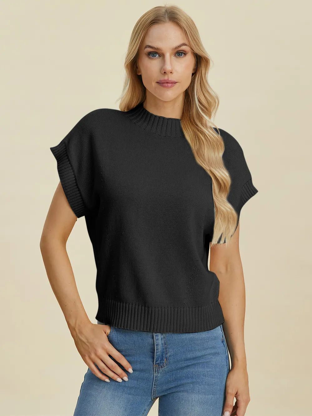Navy Trendsi Double Take full-size mock neck short sleeve sweater displayed on a model. Soft knit fabric with a relaxed fit.