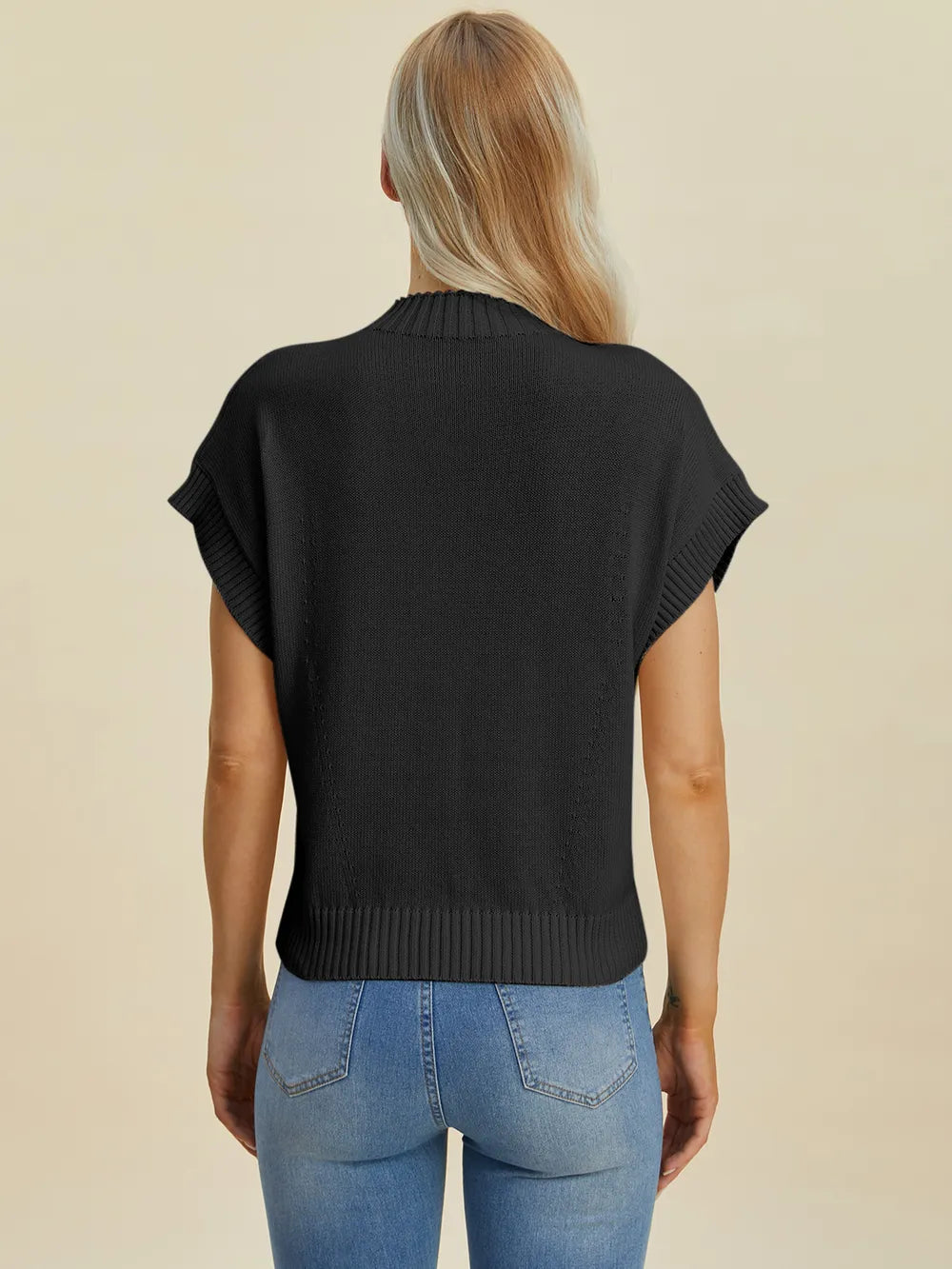 Navy Trendsi Double Take full-size mock neck short sleeve sweater displayed on a mannequin.