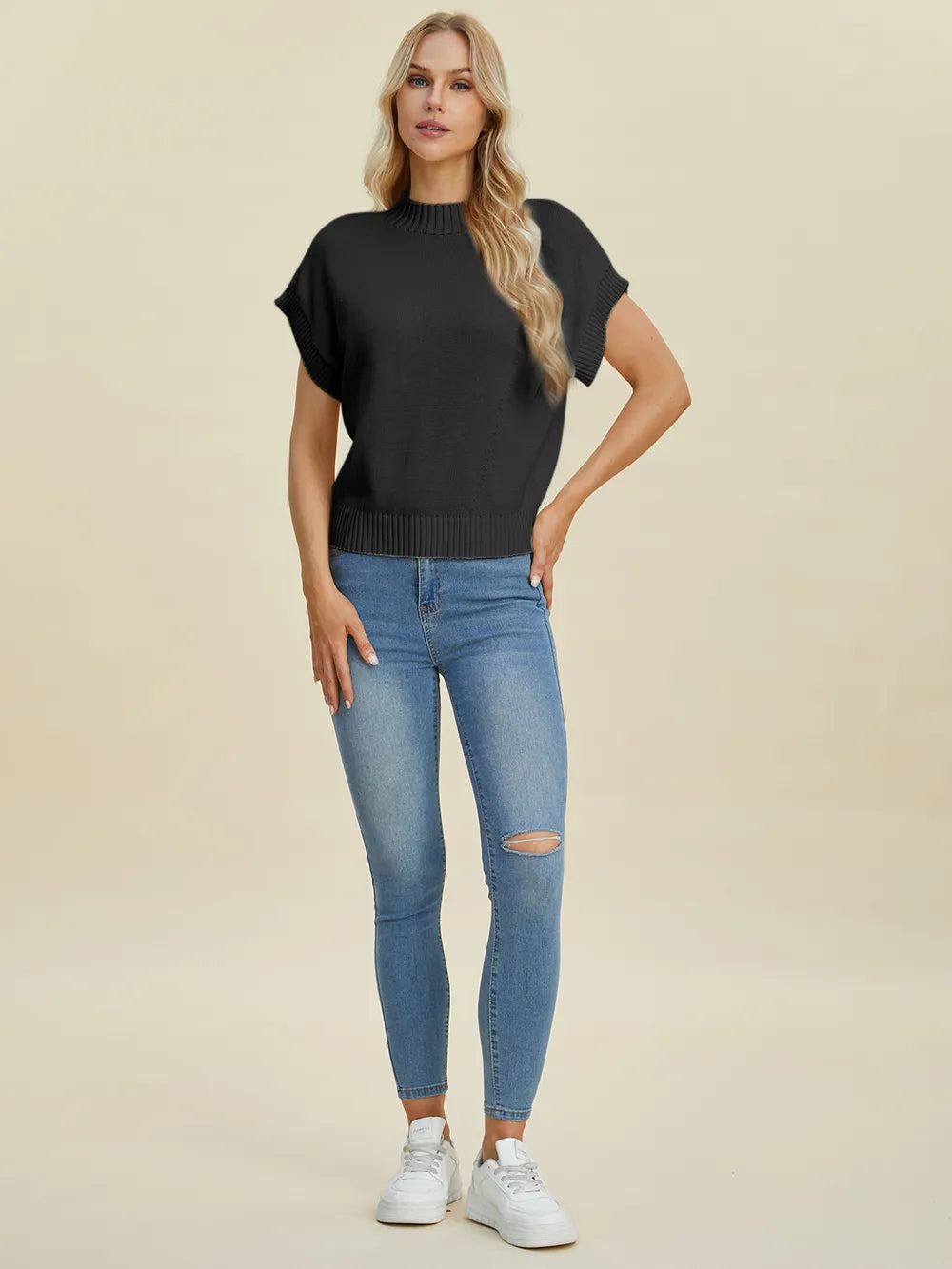 Navy double take full-size mock neck short sleeve sweater by Trendsi, soft knit fabric, fitted style, casual and stylish design.