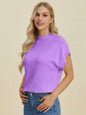 Navy double take full-size mock neck short sleeve sweater by Trendsi, lightweight knit with a fitted silhouette.