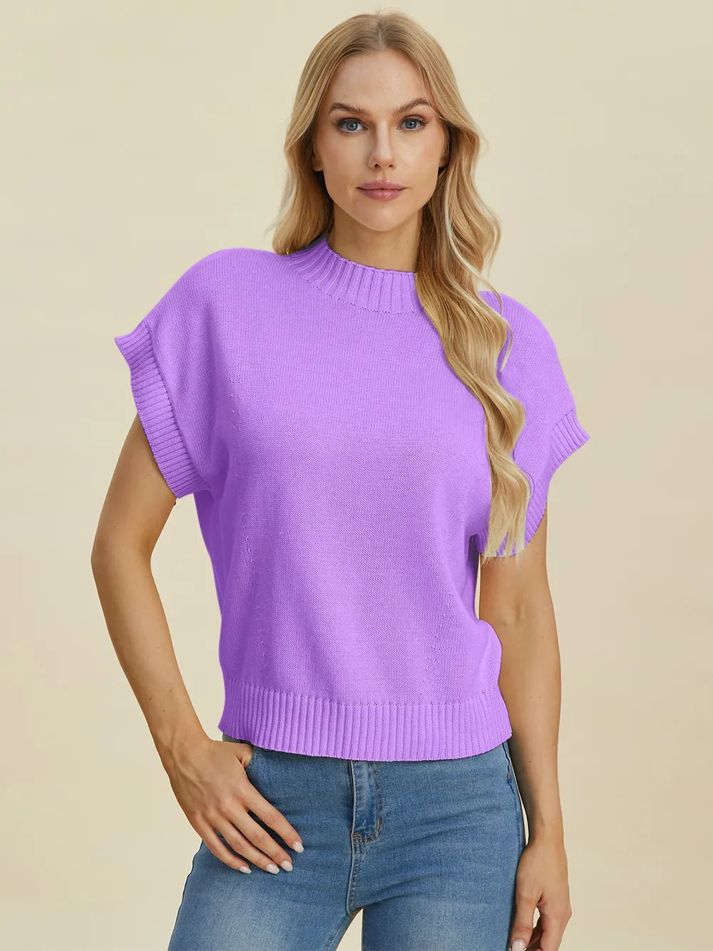 Navy Trendsi Double Take full-size mock neck short sleeve sweater, lightweight knit with ribbed collar and cuffs