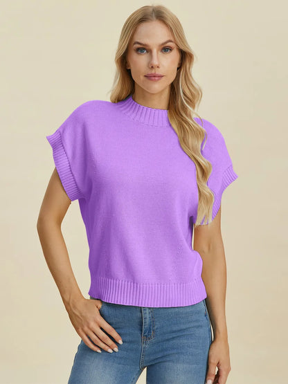 Navy Trendsi Double Take full-size mock neck short sleeve sweater, lightweight knit with ribbed collar and cuffs