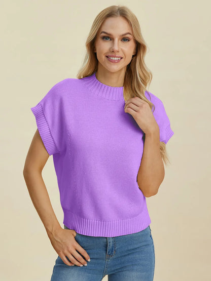 Navy Trendsi Double Take full-size mock neck short sleeve sweater displayed on a mannequin, showcasing its stylish design and fit.