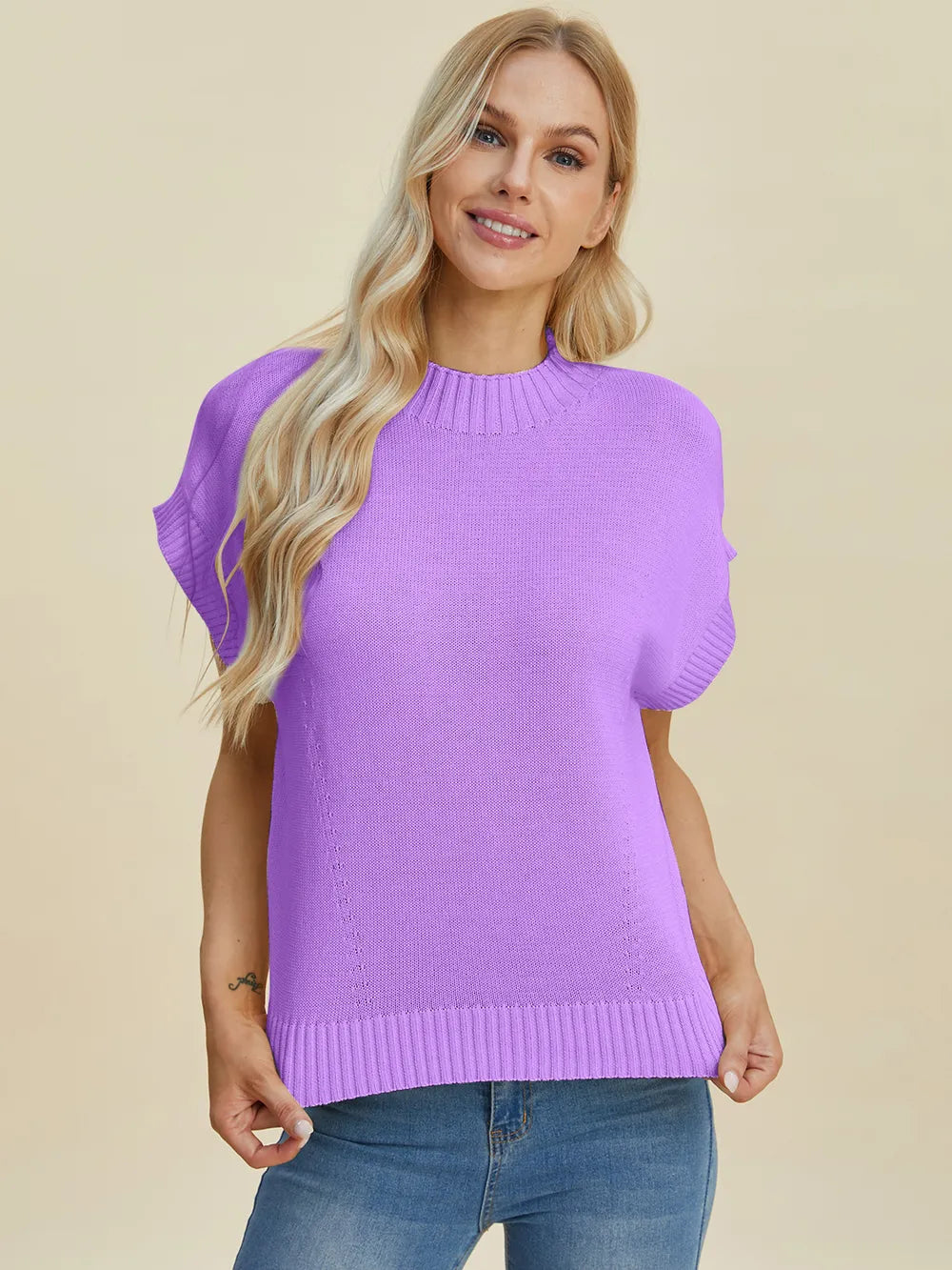 Navy double take full size mock neck short sleeve sweater by Trendsi, soft knit fabric with a relaxed fit and classic style.