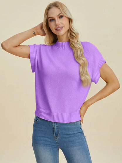 Navy full-size mock neck short sleeve sweater by Trendsi, featuring a cozy knit design and fitted silhouette.