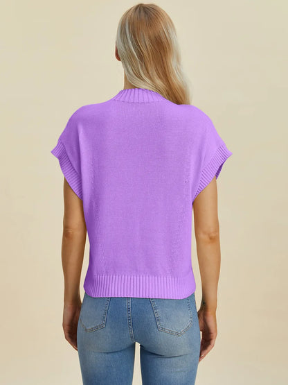 Navy Trendsi Double Take full-size mock neck short sleeve sweater displayed on a hanger.