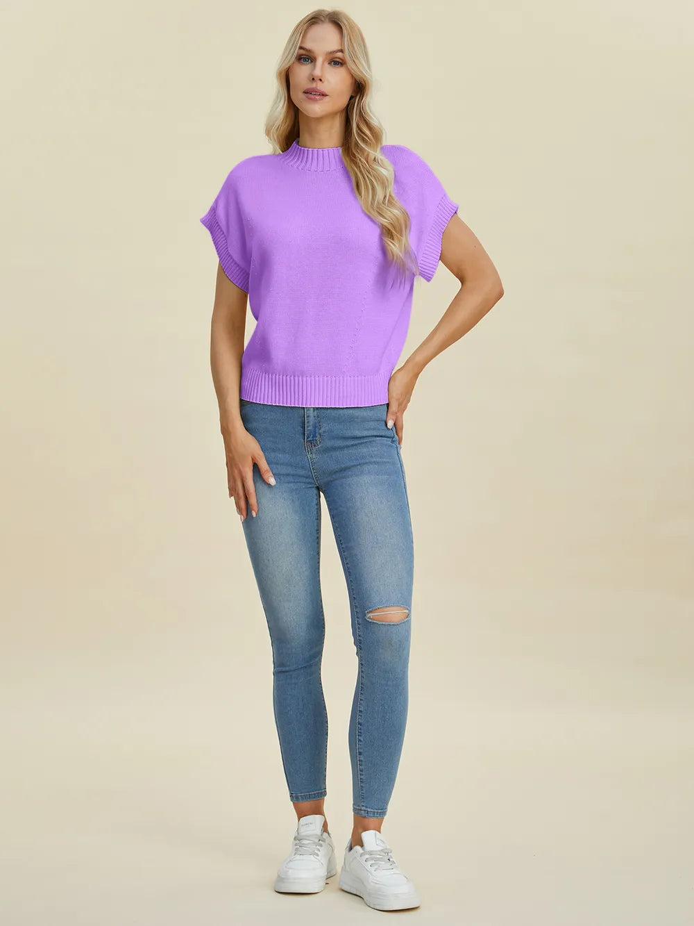 Navy Trendsi Double Take full-size mock neck short sleeve sweater displayed on a hanger with a ribbed texture.