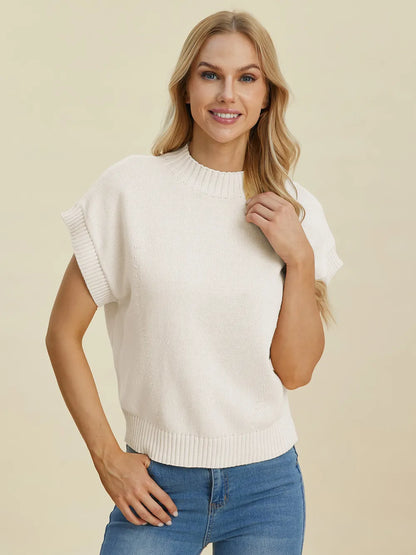 Navy Trendsi Double Take full-size mock neck short sleeve sweater displayed on a mannequin.
