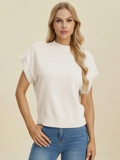 Navy double take full-size mock neck short sleeve sweater by Trendsi, featuring a cozy knit fabric and relaxed fit.
