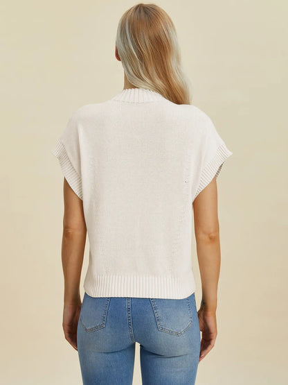 Navy double take mock neck short sleeve sweater by Trendsi, full size, cozy knit with a fitted style and ribbed neckline.