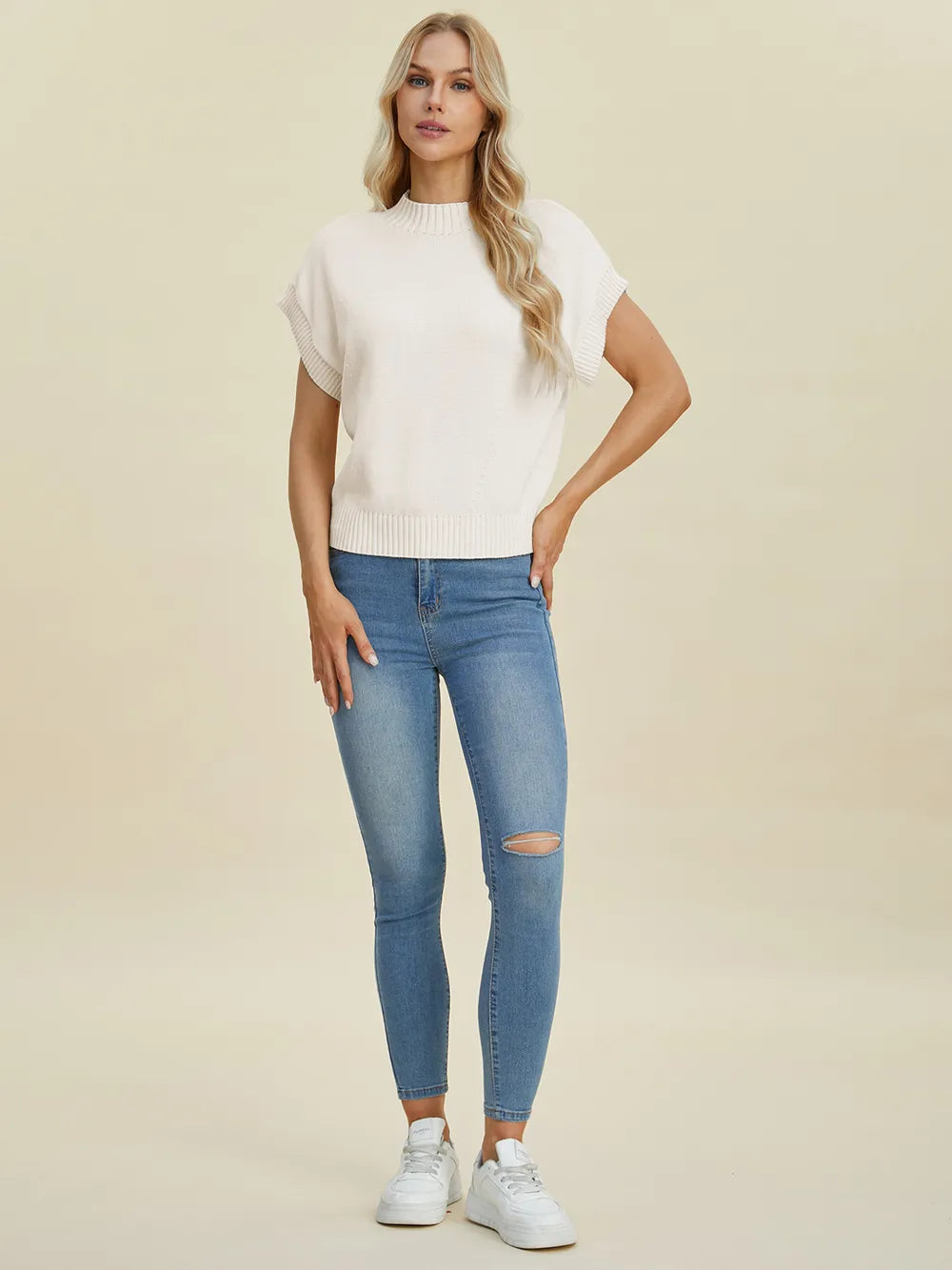 Navy double take full-size mock neck short-sleeve sweater by Trendsi, showing the fitted knit design on a mannequin.