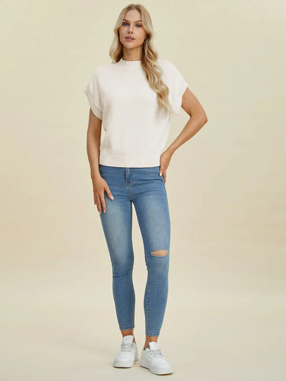 Navy double take full-size mock neck short-sleeve sweater by Trendsi, showing the fitted knit design on a mannequin.