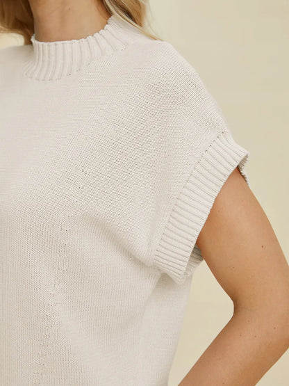 Navy double take full-size mock neck short sleeve sweater by Trendsi, featuring a cozy knit fabric and relaxed fit.