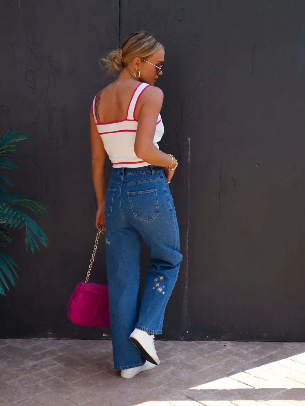 Navy embroidered straight jeans with pockets from Trendsi, featuring detailed stitch work and a classic fit.