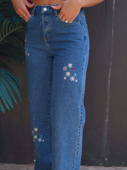 Navy embroidered straight jeans with pockets from Trendsi, featuring detailed embroidery and classic denim design.