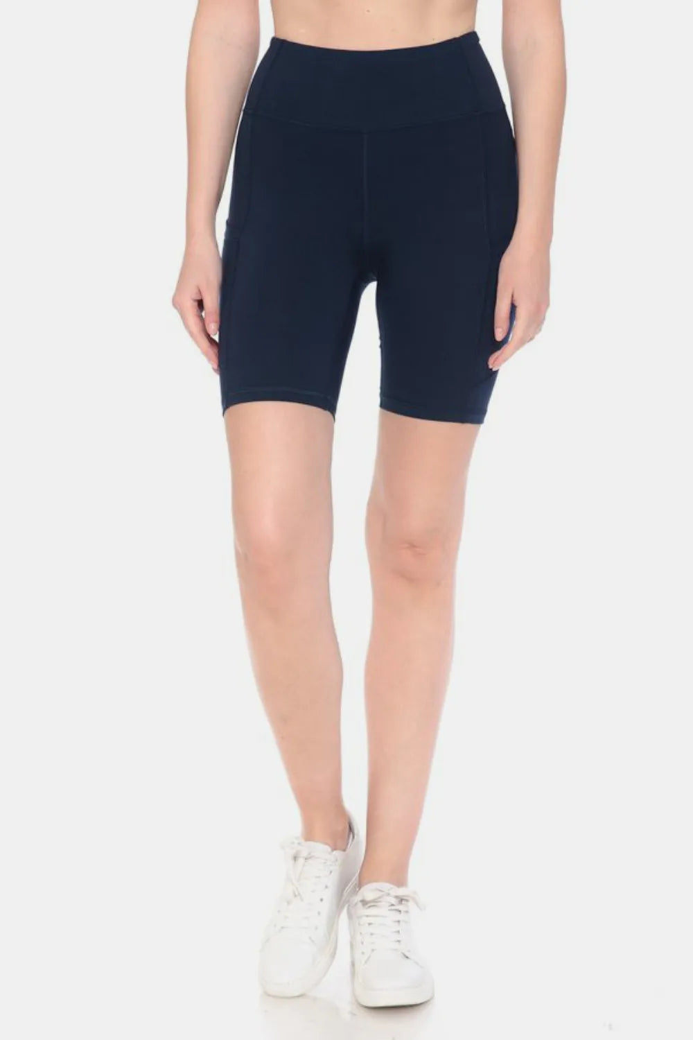 Navy high waist active shorts from Leggings Depot, full size, with a fitted design, perfect for workout or casual wear.