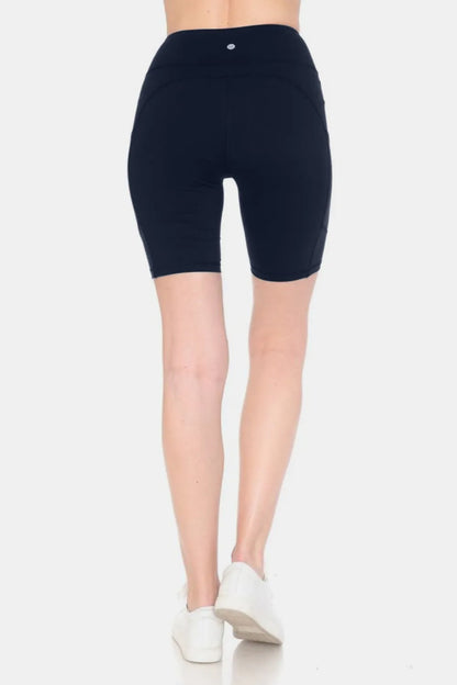 Navy high waist active shorts from Leggings Depot, full size, trendy workout shorts by Trendsi, designed for comfort and style.