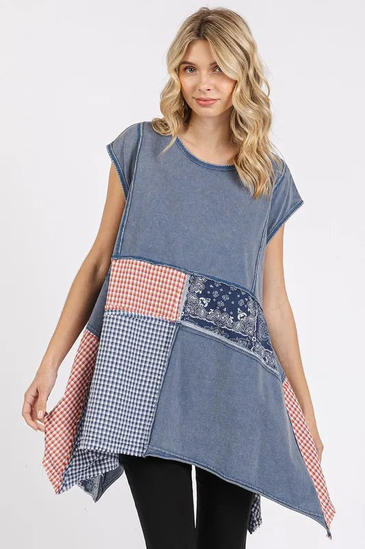 Navy patchwork mineral washed round neck cap sleeve top by Mittoshop, casual and stylish for everyday wear.