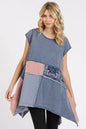 Navy patchwork mineral washed round neck cap sleeve top by Mittoshop, casual and stylish for everyday wear.